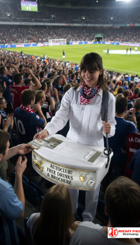 professional hawker with a vendor tray offering street food samples and promotional drinks in Times Square New York during a night event with mobile vending and direct shopper interaction