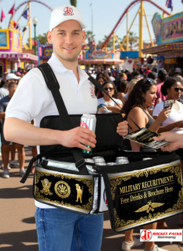 Hawker’s tray vendor at Auckland Waterfront offering person-to-person tasting, mobile drink service and experience-driven event marketing.