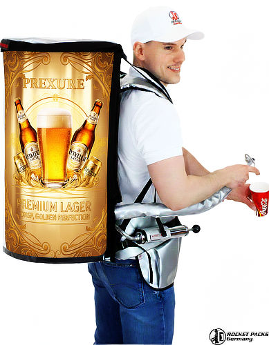 Backpack drink dispenser in a white finish with an integrated manual tap system. A vendor is shown serving a cold beverage to a customer at a crowded stadium event. The backpack features an insulated tank and an ergonomic strap system for mobile vending.