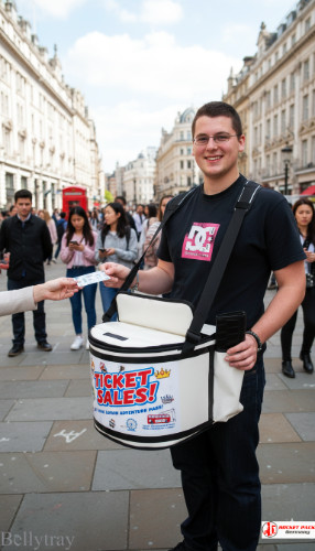 Professional bellytray vendor distributing beer-to-go during Toronto live concert.