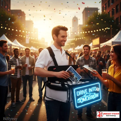 Belly tray providing mobile coffee service at a Dallas outdoor expo with POS communication.