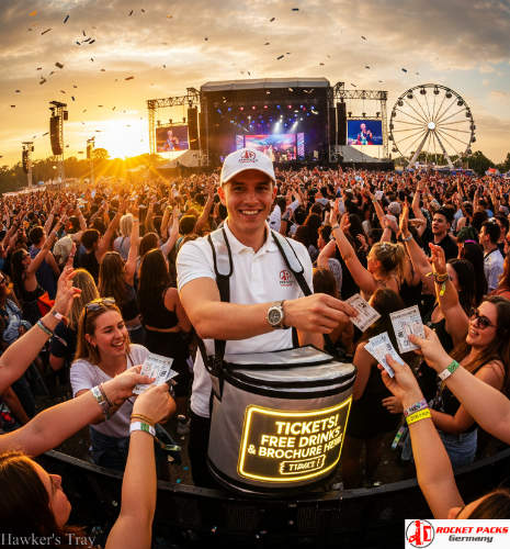 Belly tray used at Miami Art Fair for mobile vending and outdoor brand promotion.