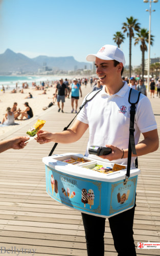 Professional bellytray used at a London open-air festival for mobile coffee-to-go sales and live brand promotion at a street food market.