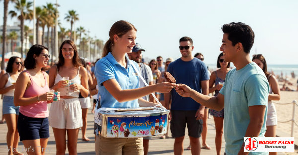 Belly tray delivering on-the-go coffee service at Seattle Waterfront Market with strong consumer engagement.