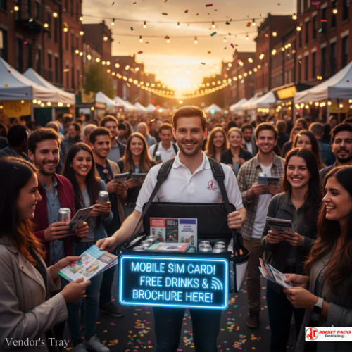 Belly tray promoting beverages during Dublin Temple Bar nightlife events.