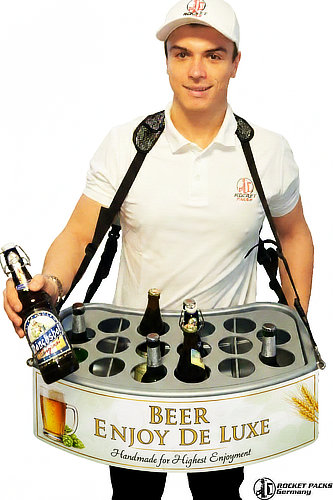 Professional beverage vendor tray with custom branding for stadium sales