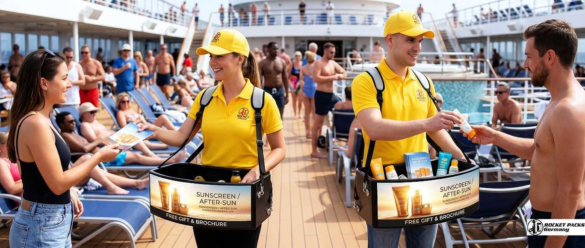 A close-up view of a custom-branded concession tray featuring clear advertising for sun lotion at a festival, holding sample bottles.