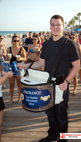 Hawker’s tray vendor at Chicago Beer Festival offering mobile to-go beverage service, tasting sampling, drink industry promotion and sales uplift at a large event.