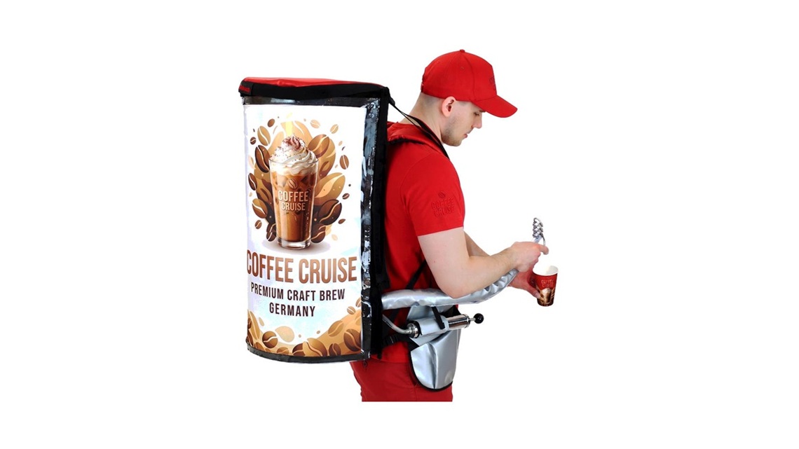 Coffee backpack dispenser for mobile coffee service at events and exhibitions