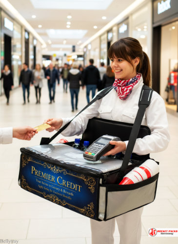 London business district bellytray used for coffee-to-go service and brand promotion during office break activations.