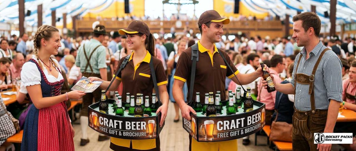 A professional promoter in traditional attire using a branded mobile hawker tray to distribute craft beer samples to attendees during a lively Oktoberfest celebration.