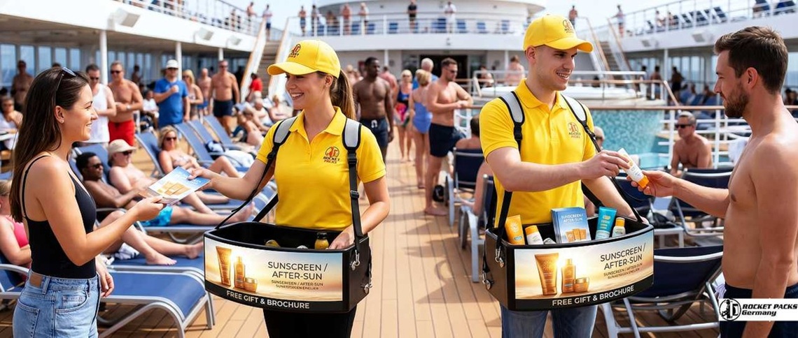 Staff distributing products and brochures on a cruise ship deck