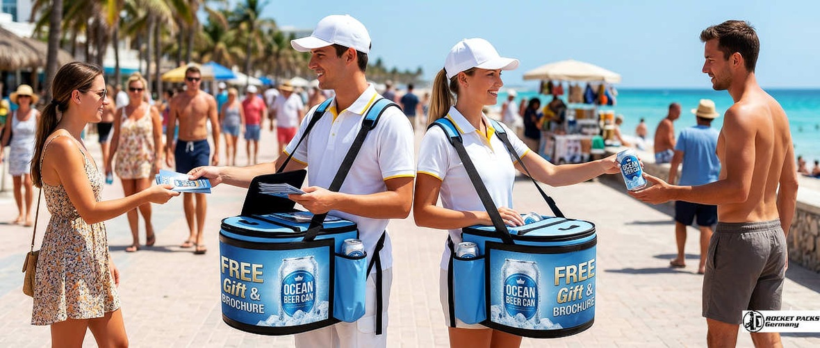 Custom branded hawker’s tray for mobile coffee service at Pike Place Market Seattle, professional hawking equipment with logo wrap for brand presence.
