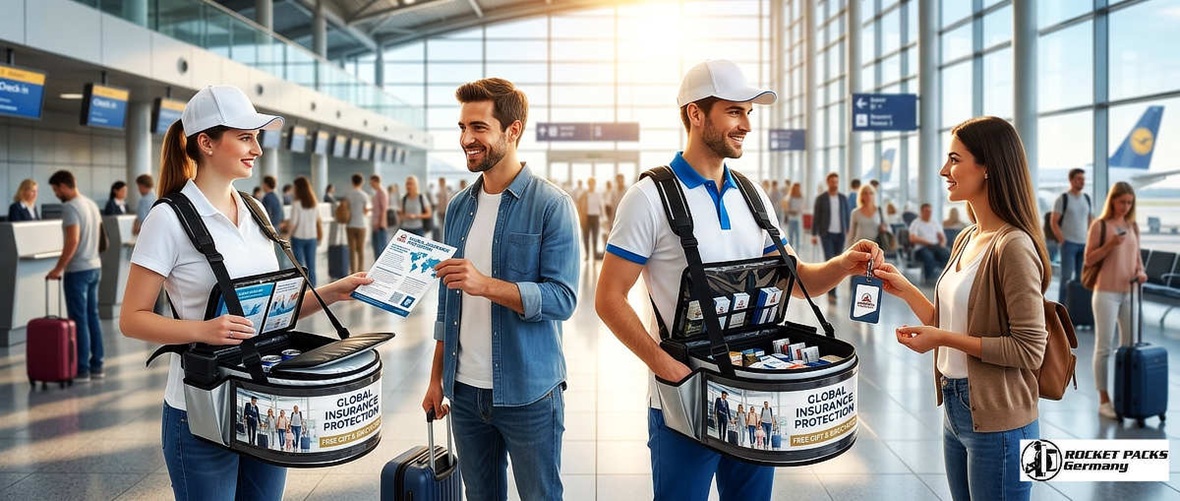 Custom branded hawking tray for snack distribution at a San Francisco tech conference, lightweight ergonomic design for professional trade show lead generation.