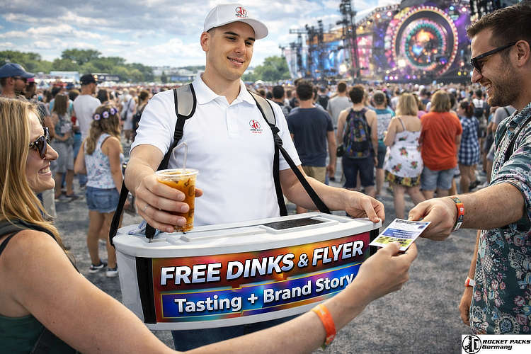 Drink sampling promotion in downtown Seattle where visitors receive beverages from portable serving equipment.