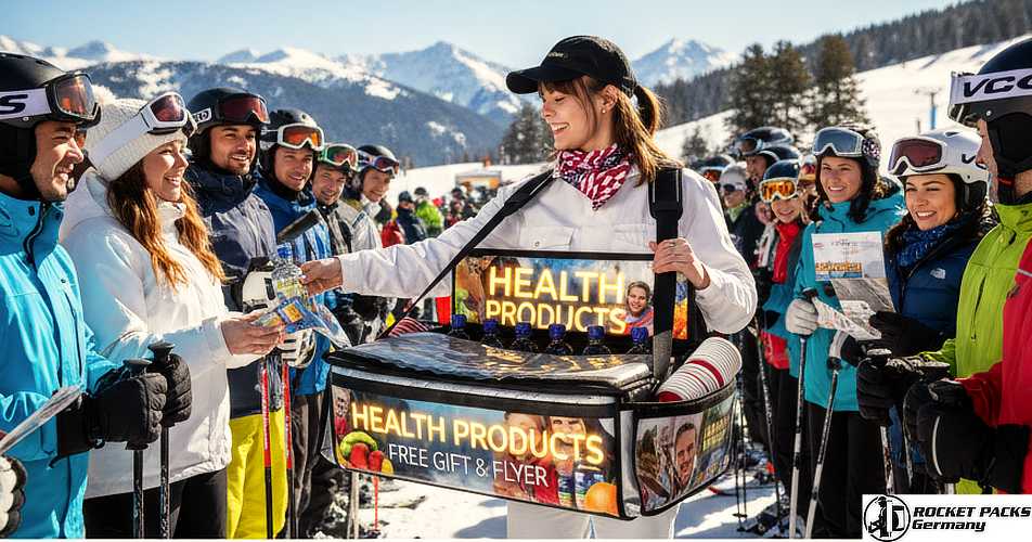 Drink sampling promotion in downtown Seattle where visitors receive beverages from portable serving equipment.