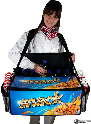 High-capacity ergonomic bellytray for beer-to-go distribution at a New York stadium, optimized for rapid sales promotion and live audience catering.