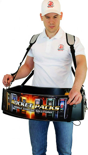 Ergonomic vendors tray for beer-to-go distribution at a Manchester stadium, providing a high-volume mobile vending solution for live audience catering.