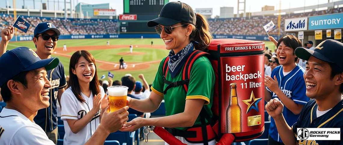 Vendor selling drinks with a event tray during a football match.