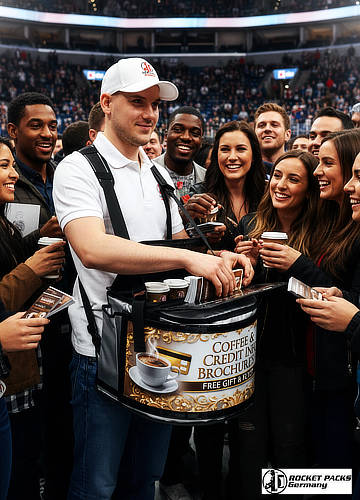 Vendor distributing drinks with a tray during a food festival in Portland.