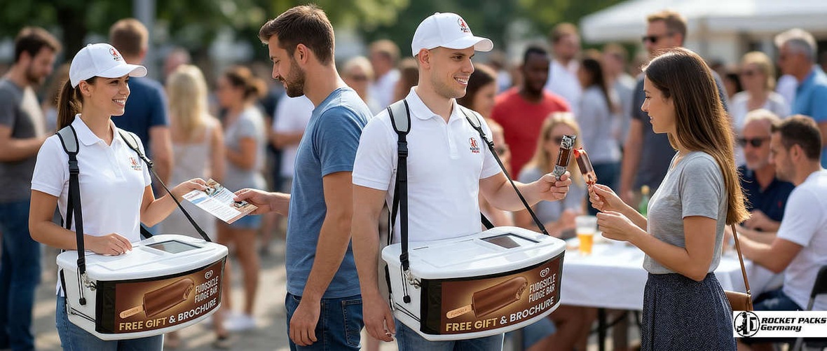 Hands-free sampling tray for ice cream bars in Melbourne shopping areas, designed for person-to-person marketing and high-impact shopper activation.