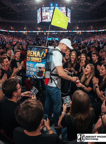 Vendor distributing craft beer samples with a hawker’s tray during a summer festival in Manchester.