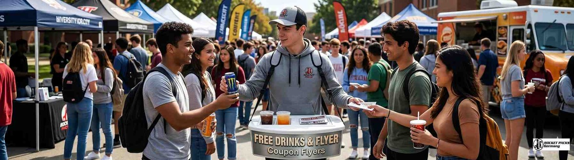 Vendor distributing craft beer samples with a hawker’s tray.