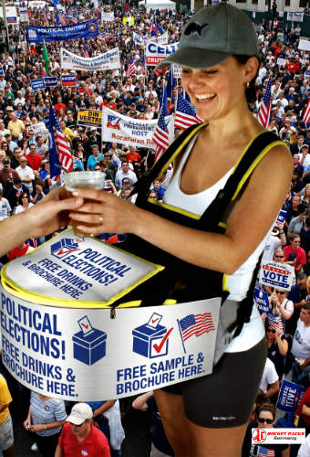 Hawker’s tray in San Francisco open-air concert providing mobile drink service, sampling and audience engagement.