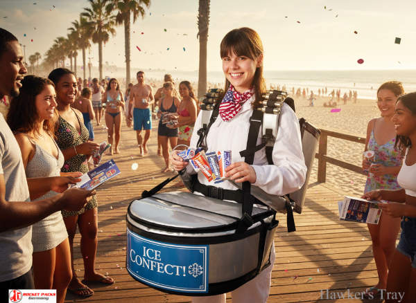 Hawker’s tray distributing drinks during Wellington Harbour community day.