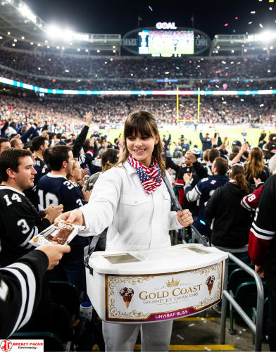 Ice cream hawker’s tray at a Chicago open-air sports event delivering fast to-go service for families, shopper activation, POS interaction and cross-promotion in a high-traffic live audience environment.