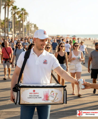 Hawker’s tray vendor providing mobile portable to-go beverage service during a Christmas Market in New York City Times Square, showcasing professional mobile vending solution, live audience interaction, tasting presentation, POS communication, event marketing, shopper activation and brand presence.
