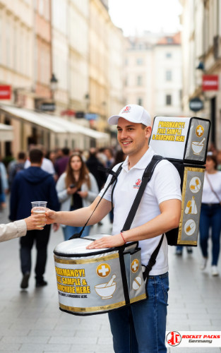 Miami outdoor event hawker’s tray delivering fast drink consumption service and mobile catering.