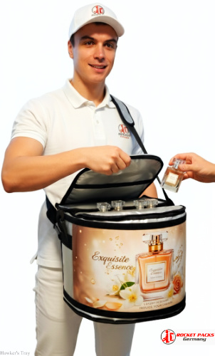 Professional hawker’s tray used in London Street Festival for mobile drink service and live event marketing promotion on-the-go.