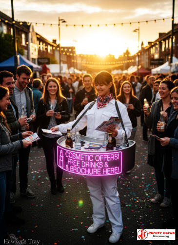 Hawker’s tray used for outdoor drink distribution at the Calgary Stampede as part of a live marketing event.