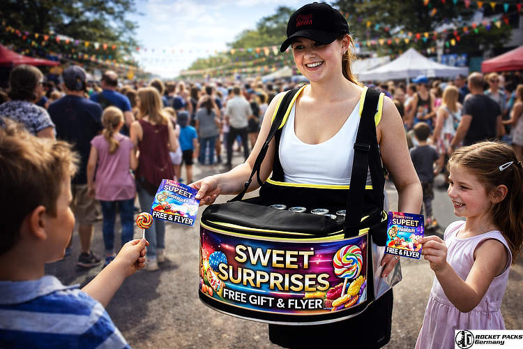 Premium hawkers tray for high-impact sampling promotions and brand appearance activation in New York Times Square during a person-to-person marketing event.