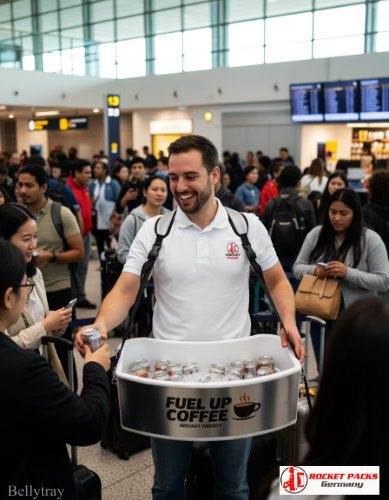 Hawker’s tray offering beverage sampling during the Washington DC Memorial Day outdoor event.