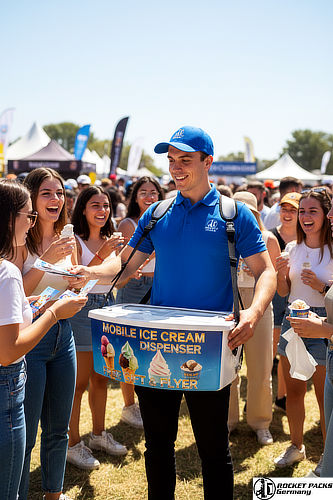 High-impact hawkers tray for visual marketing and frozen treats distribution in the Birmingham Bullring mall.