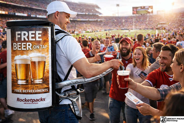 Hawking tray for precise target group activation and energy drink sampling during the Boston Marathon live event and athletic competition.