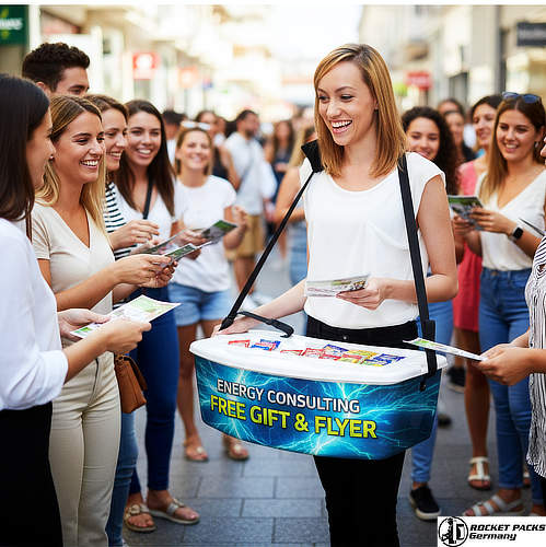 Mobile hawking tray with integrated visual merchandising for a POS promotion and target group activation in a high-traffic Tokyo shopping area.