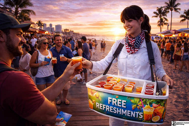 Heavy-duty hawking tray for beverage creation and POS action during a winter wonderland festival in Toronto, featuring weather-resistant materials.