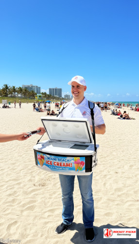 Ice cream vendor tray used during Miami Art Basel — part of live brand appearance and outdoor hospitality event service.