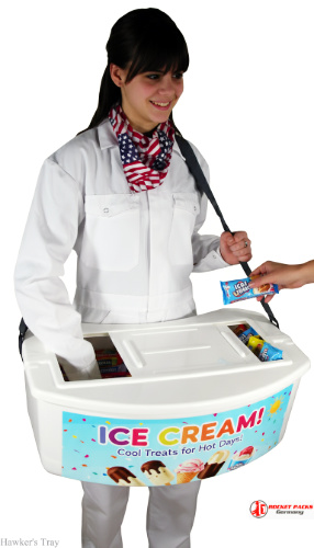 Professional mobile ice cream vendor’s tray used at London Street Festival, a live outdoor event showcasing on-the-go sampling and drink service.