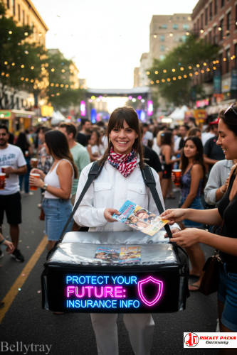 Ice-cream vendor's tray providing mobile product promotion at a Sydney beach festival with an experience-oriented event setup.