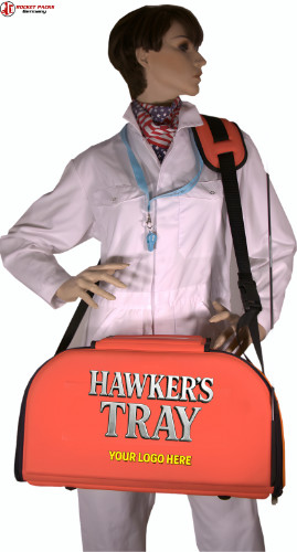 Rocketpacks vendor's tray individually decorated, for numerous advertising or sales activities.