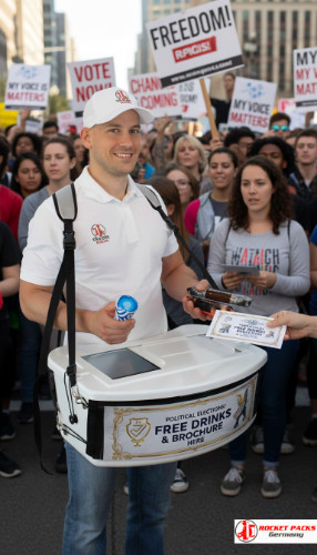Hawker’s tray vendor on Las Vegas Strip during night event showcasing mobile catering, beer consumption service, experience-oriented marketing and high-impact brand promotion.