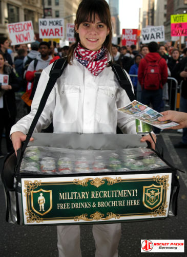 Hawker’s tray seller at Hyde Park London open-air concert offering beer-to-go mobile vending solution with live communication, POS promotion, tasting experience, event catering, brand message distribution and human-to-human shopper engagement.