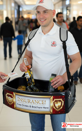Hawker’s tray seller at Piccadilly Circus London giving coffee-to-go sampling, street marketing, live event communication and consumer engagement.