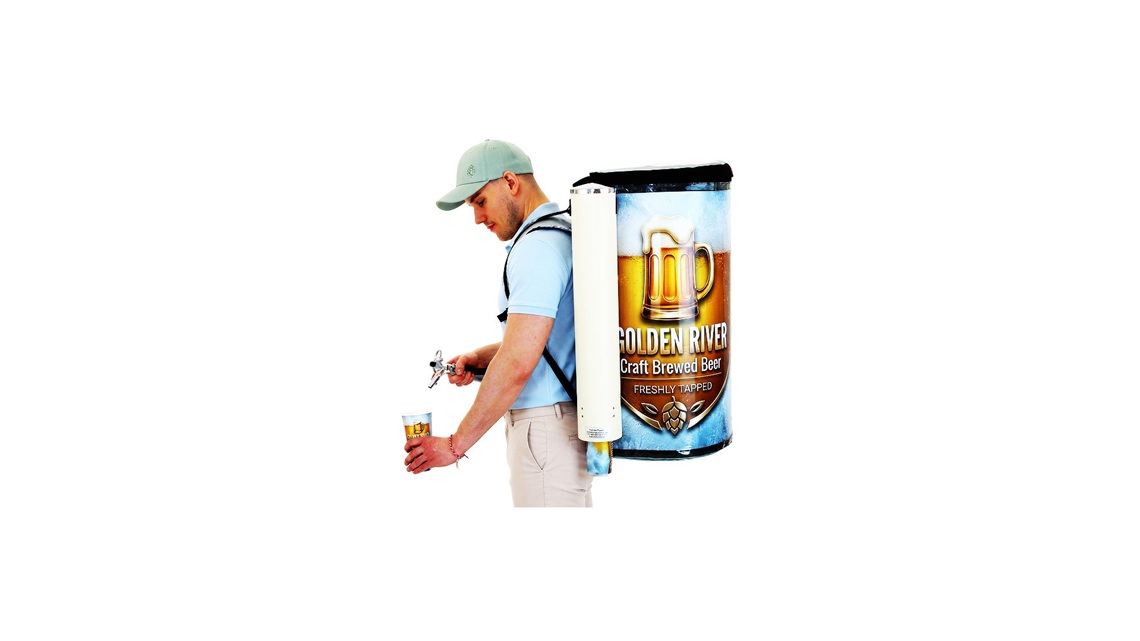 Group of promoters operating with professional backpack dispensers for large-scale outdoor gatherings.