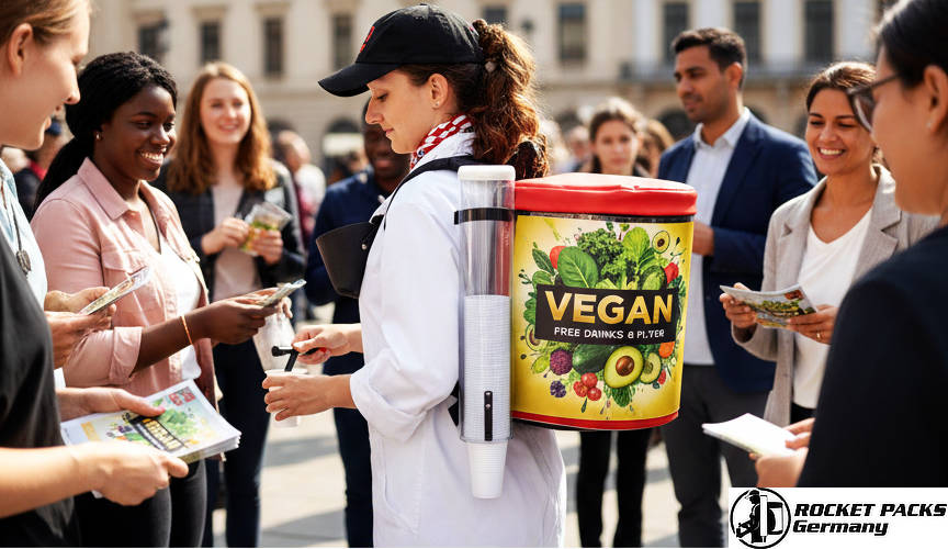 Mobile belly tray used for beverage sampling during a street promotion in Dublin, highlighting live marketing and brand activation in a busy urban area.