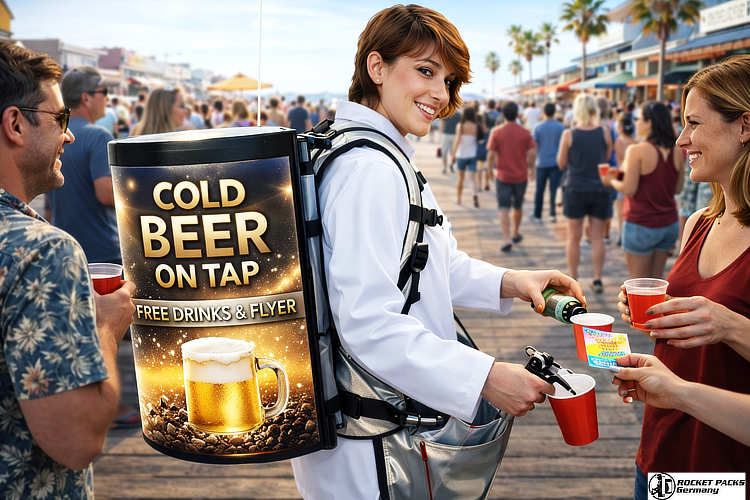 Mobile belly tray used by a promoter offering drink samples inside a Los Angeles shopping mall as part of a brand awareness campaign.